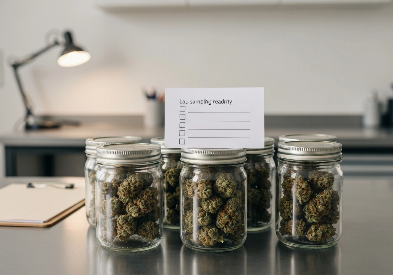Glass jars of cured cannabis flower on a clean desk beside a clipboard-like sampling checklist label.
