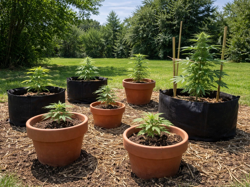 Sunny Ohio backyard with small potted cannabis plants at early flowering stage, beginner outdoor setup.