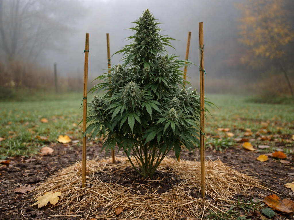 Single flowering cannabis plant outdoors in an autumn Ohio garden with misty morning light.