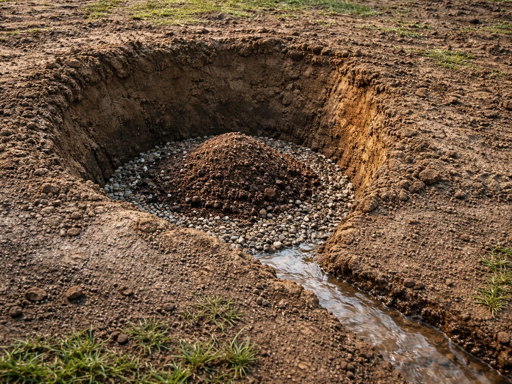 Planted hole in heavy clay soil with amended mix and a drainage path as water flows away.