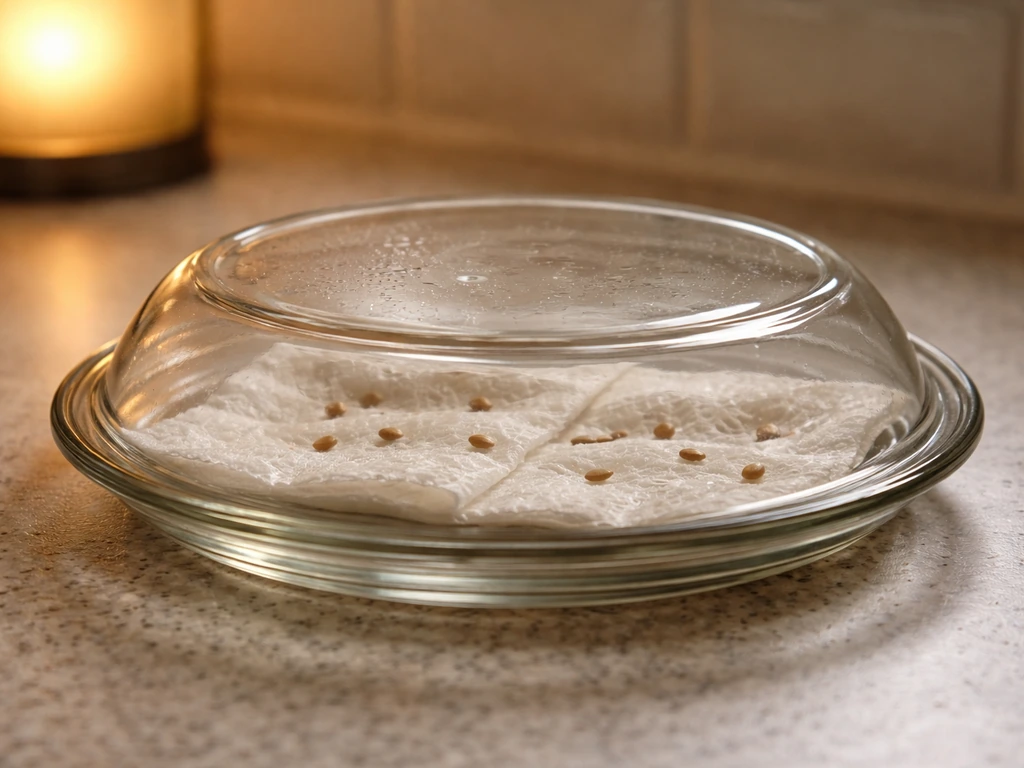 Seeds nestled between two moist paper towels on a plate, covered to retain warmth and moisture.