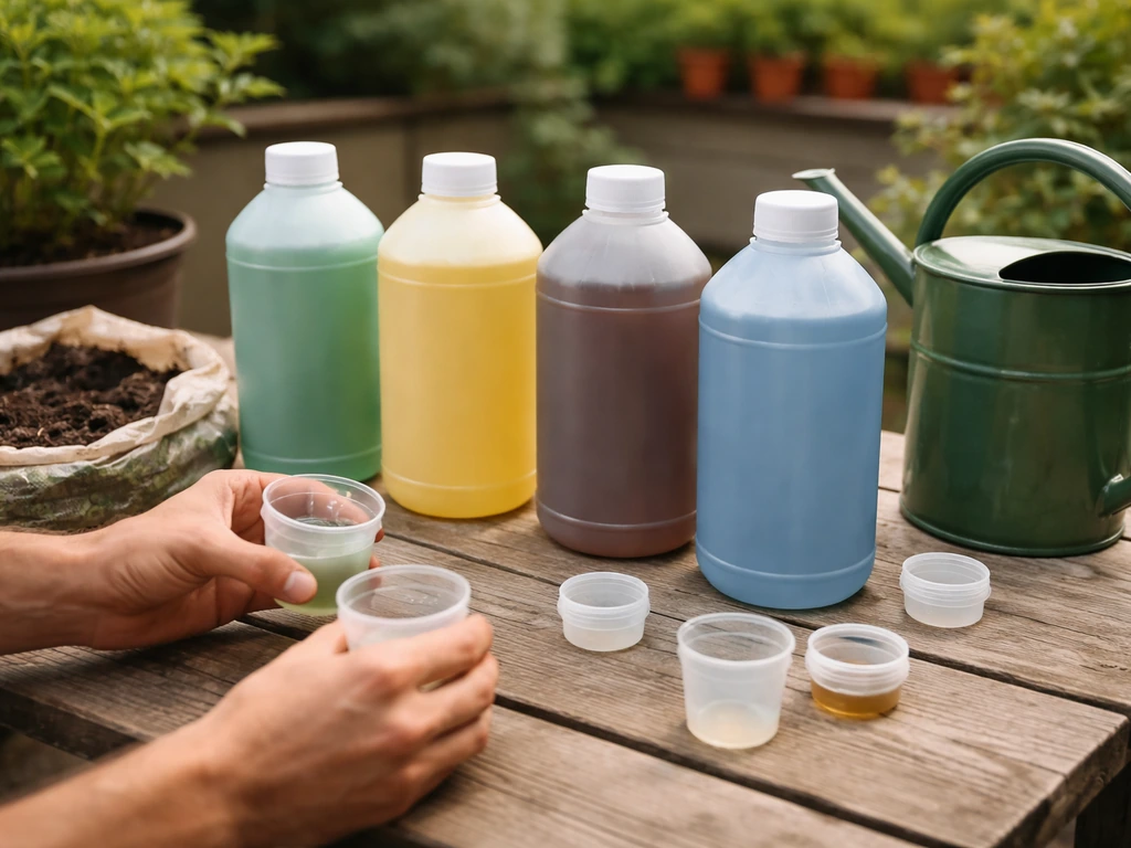 Hand placing a nutrient bottle beside measuring tools on a workbench near potted outdoor plants