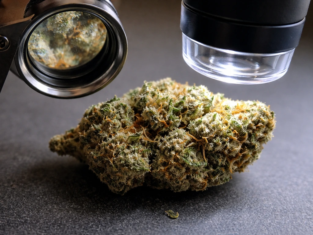Close-up cannabis bud with trichomes, jeweler’s loupe and microscope lens inspecting harvest readiness.