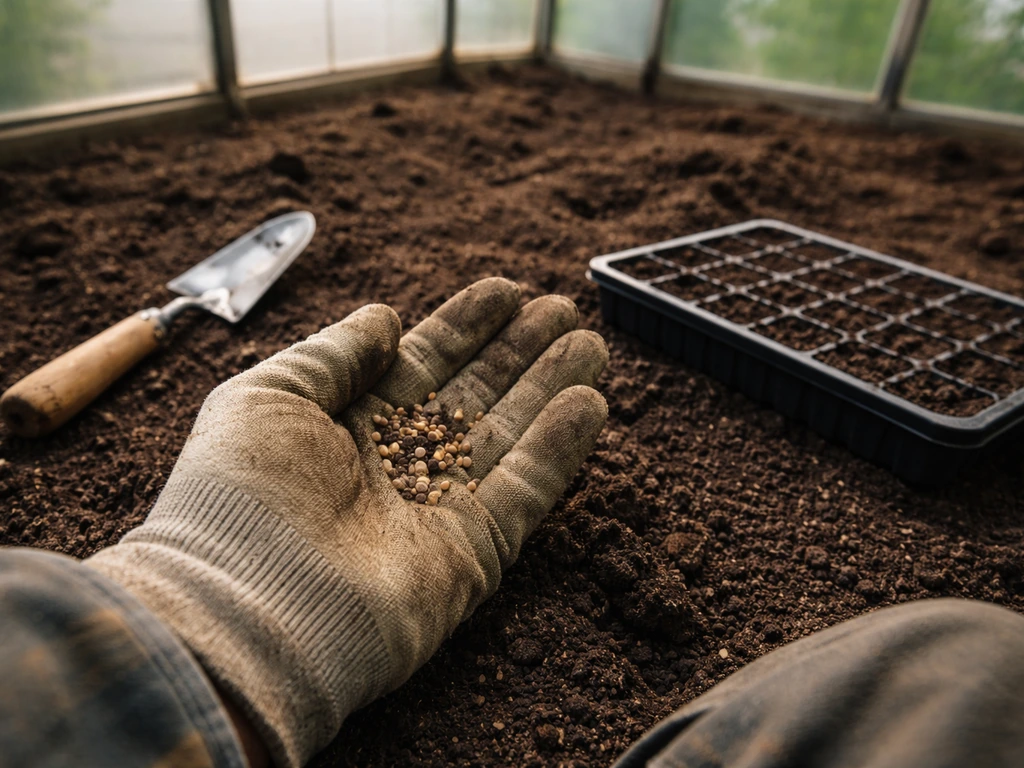 Player’s hands and gardening tools preparing soil with cannabis seeds in a small outdoor greenhouse plot