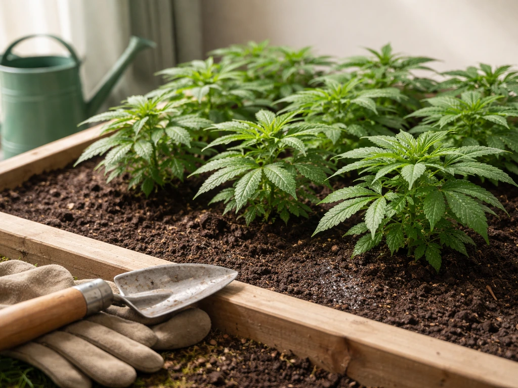 Close-up of healthy cannabis plant bed with watering can, soil, and simple visual cues for hydration and light.