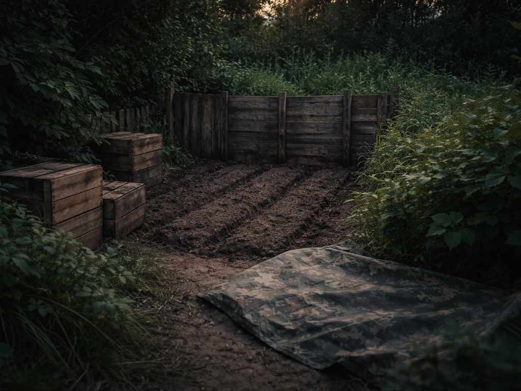 Hidden cannabis plots behind cover in a simple DayZ-style outdoor garden near a base, protected from view.