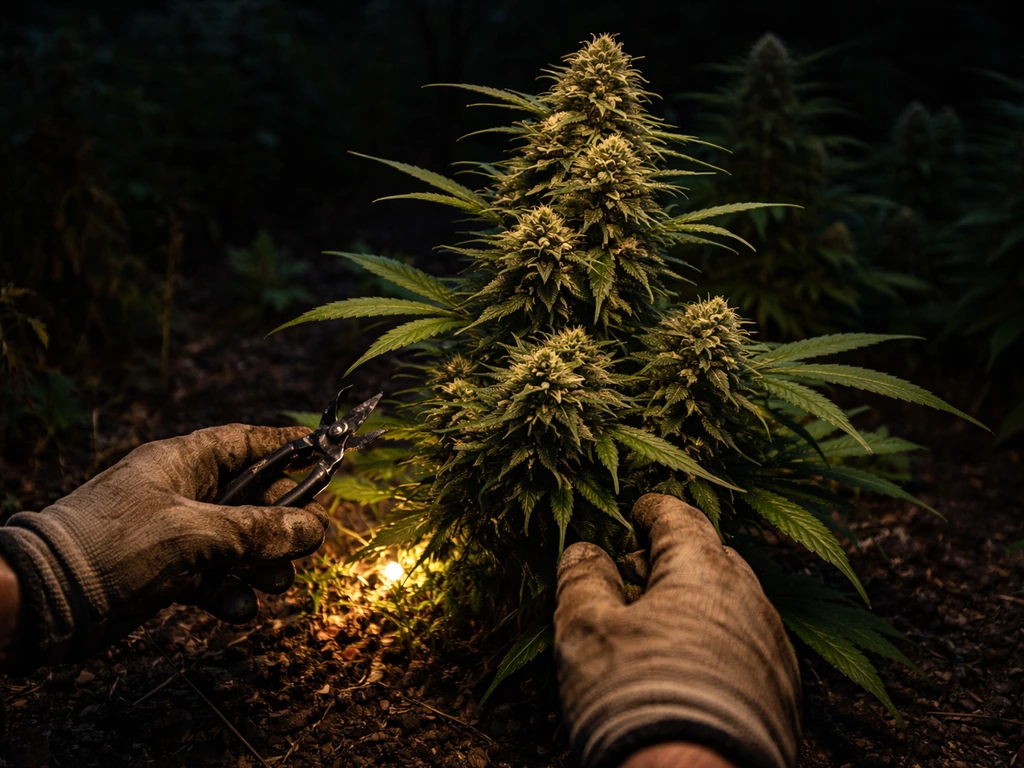 Anonymous gloved hands preparing to harvest a fully mature cannabis plant in a simple garden plot at night.
