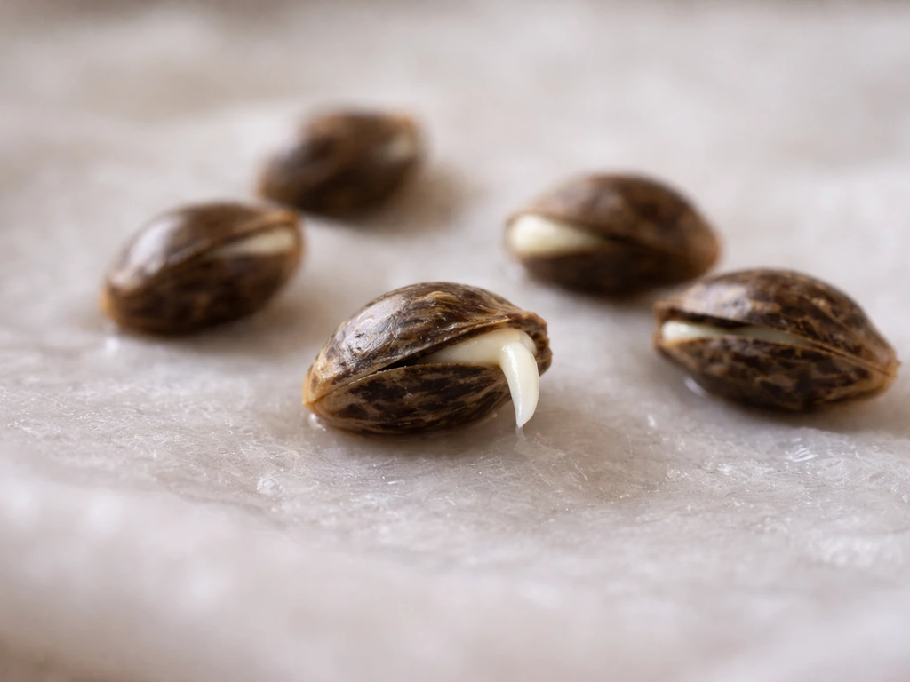 Macro close-up of cracked cannabis seeds with a tiny emerging taproot on damp paper towel.
