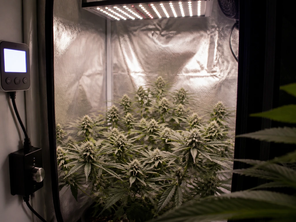 LED grow tent with flowering-stage plants while a wall timer and control box run a 12/12 light schedule