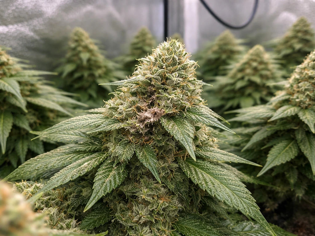 Close-up of dense indoor grow cannabis buds showing early bud-rot patches in a humid, poorly ventilated setting