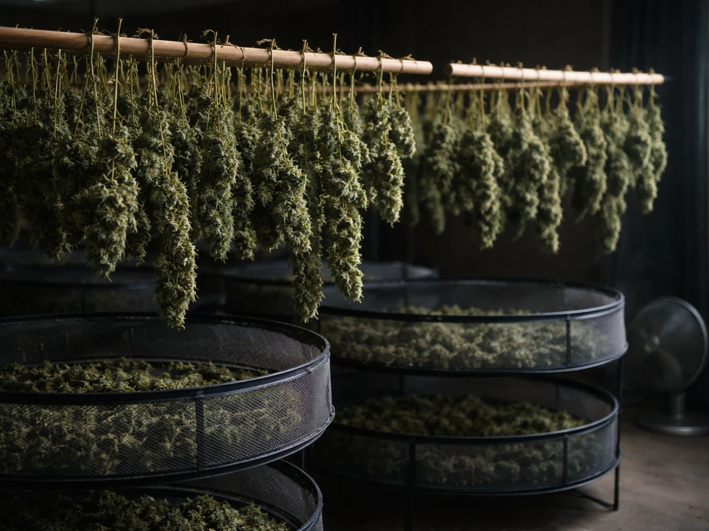 Freshly cut branches hanging upside down on drying racks in a dark, cool, airy room.