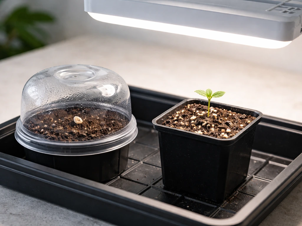 Seed in germination dome beside a small autoflower seedling under an LED grow light.