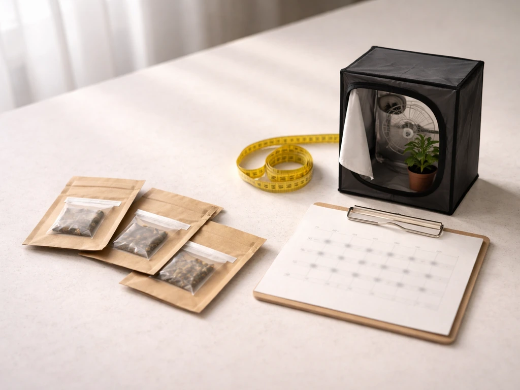 Generic autoflower seed packets beside a small grow tent model and unreadable planning card for timeline matching.