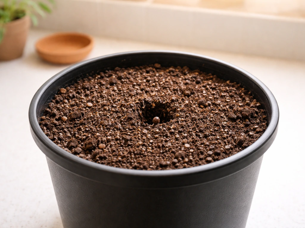 Close-up of a seed placed 1 cm deep in a lightly moistened potting medium in a final container.