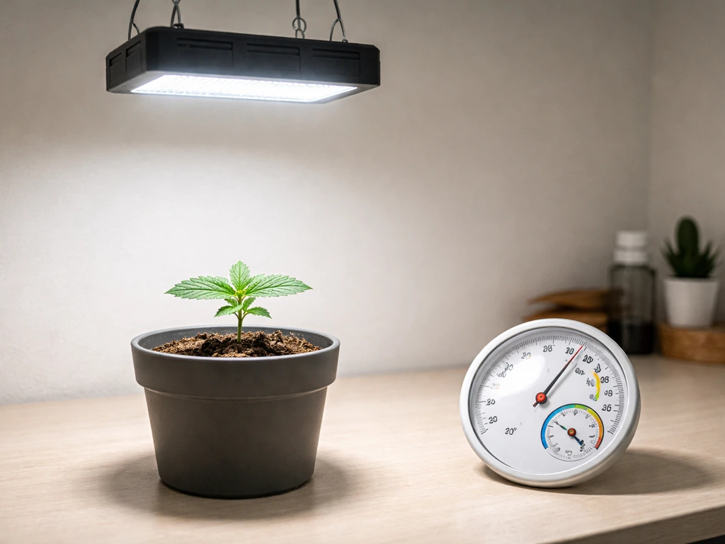 LED grow light over a small plant with a thermometer and hygrometer on a nearby shelf.