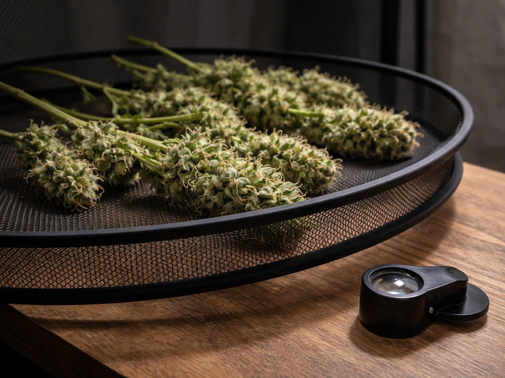 Freshly harvested cannabis branches on a drying rack, with a loupe resting nearby