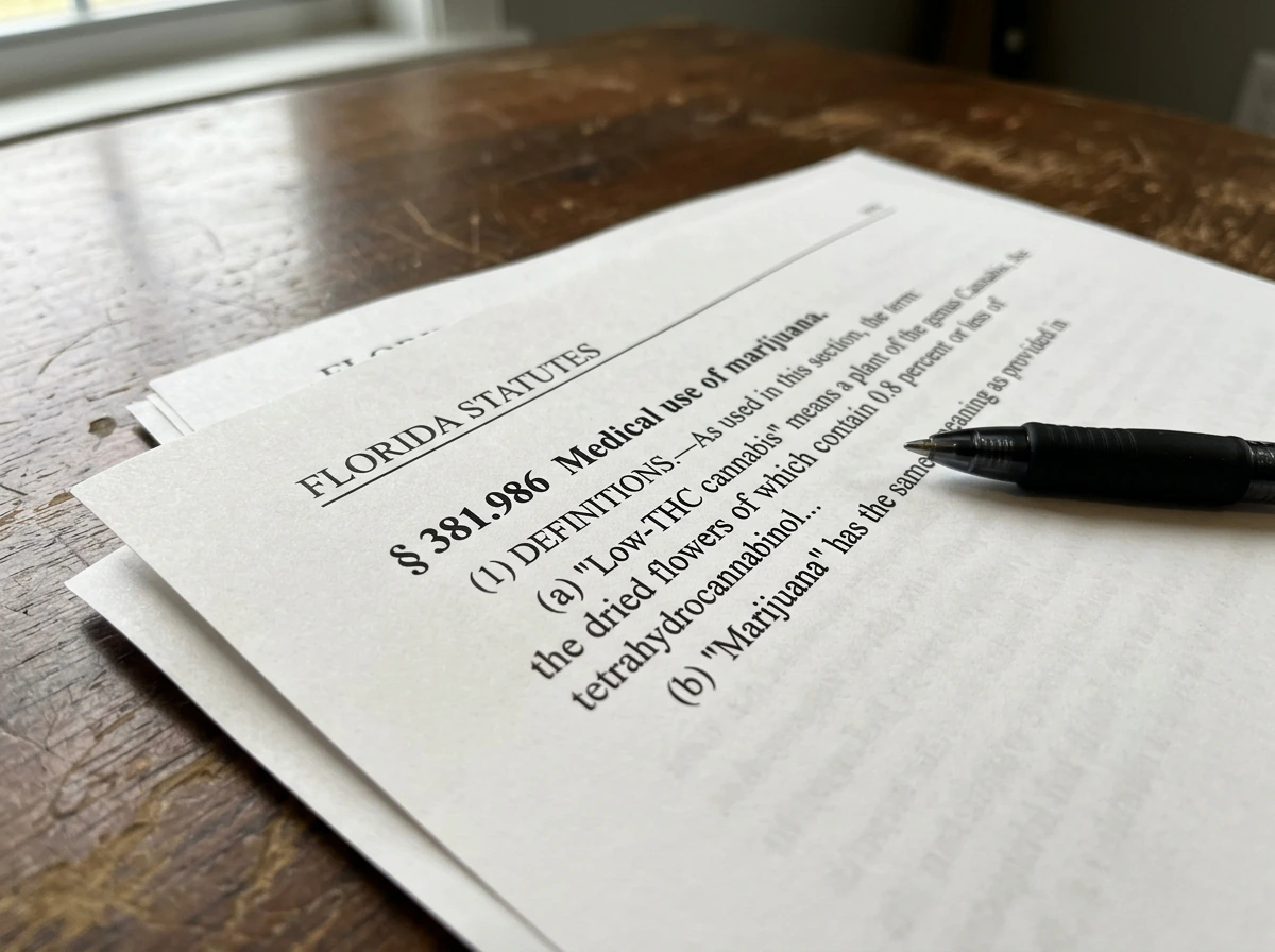 Florida medical marijuana statute reference on a document showing § 381.986