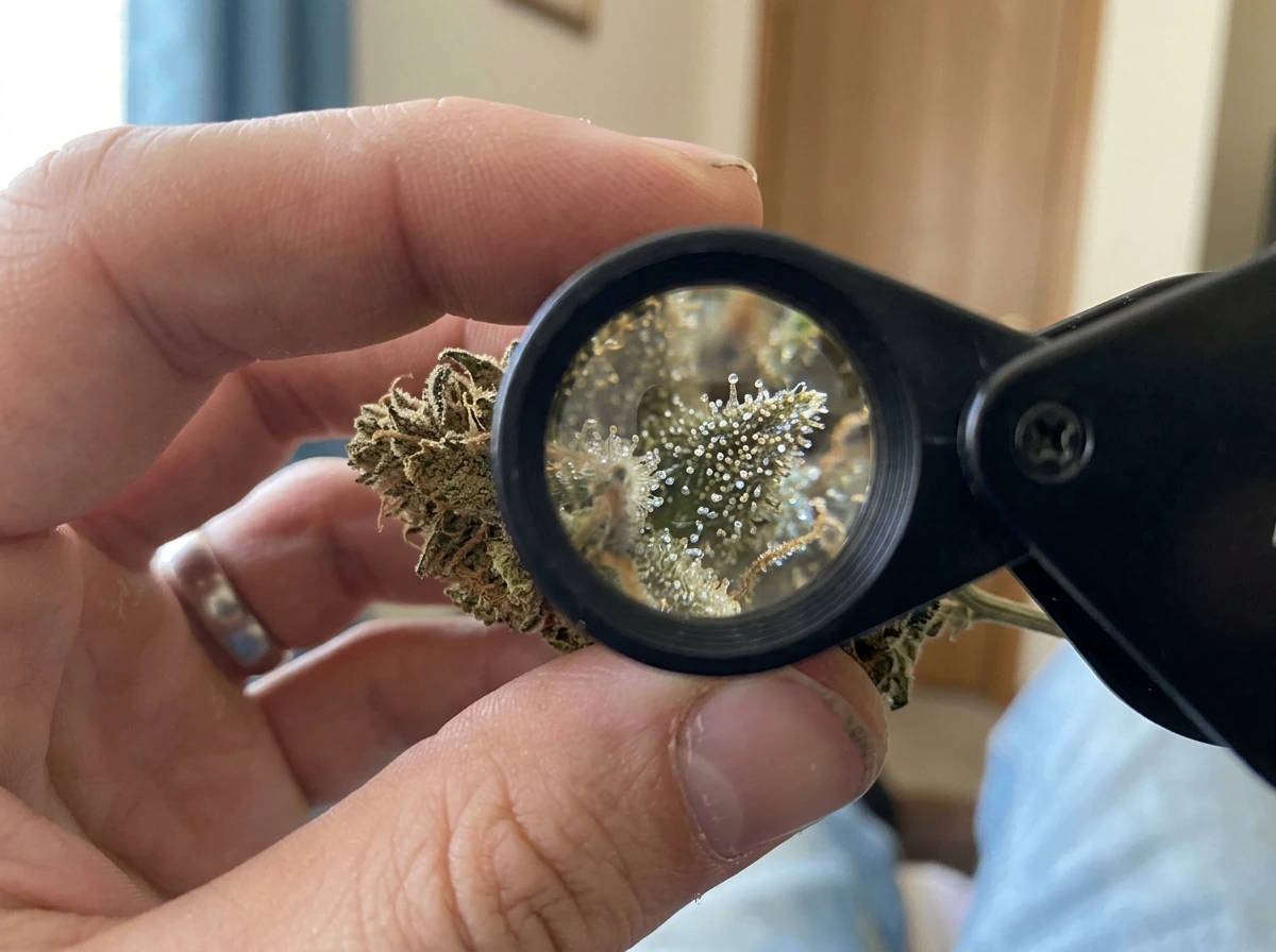 Trichome inspection for harvest timing with jeweler’s loupe