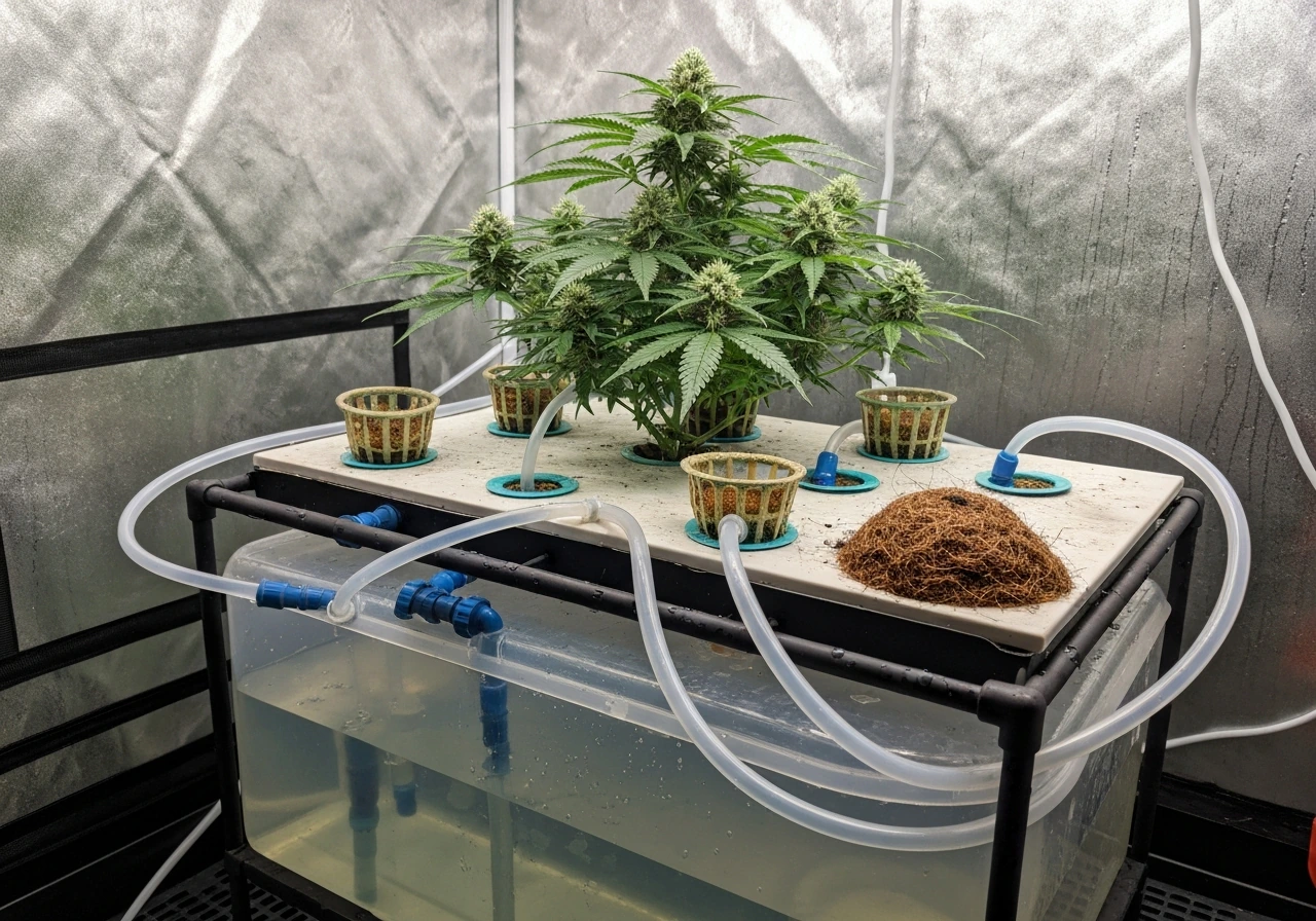 Well-lit indoor hydroponic setup with tubing, reservoir, net pots, and thriving early-flower cannabis plants in a grow t