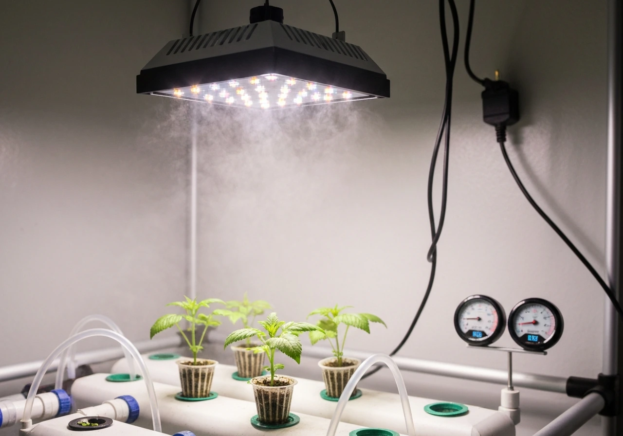 LED grow light over a young hydroponic canopy in a quiet indoor grow room with gauges nearby