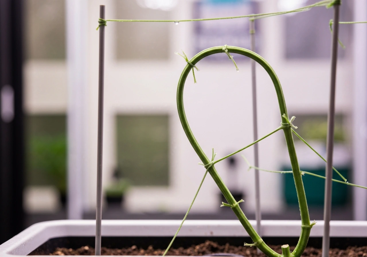 Side view of a hydroponic cannabis plant trained with LST ties, spreading the canopy with bent stems.