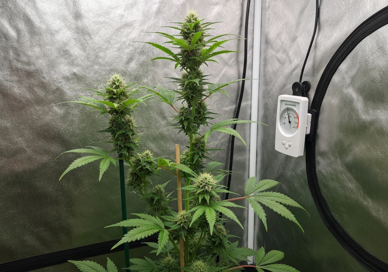 Indoor grow tent showing an early-flowering cannabis plant with visible stretch and a clipped hygrometer.
