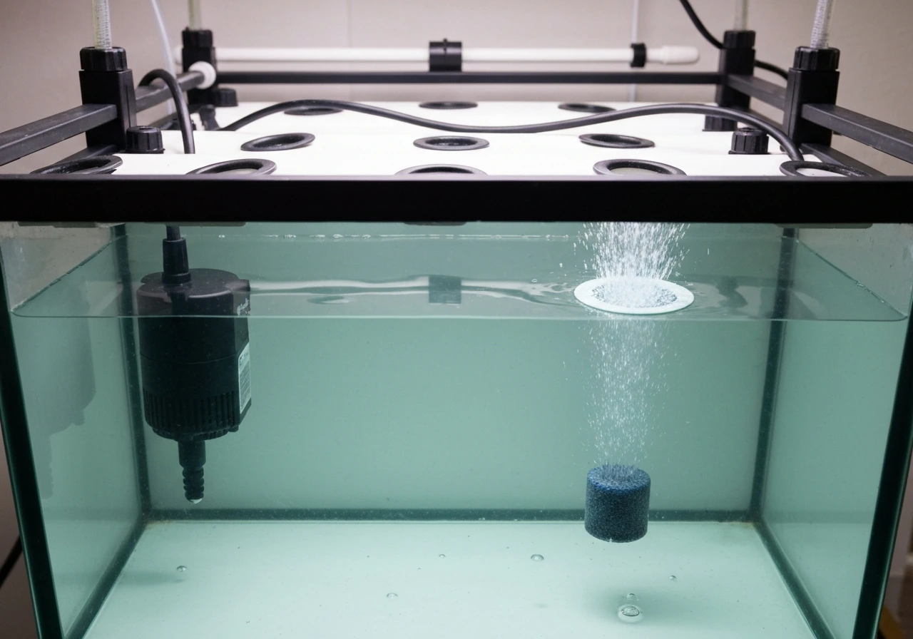 Clear hydro reservoir with circulating pump and air stone, showing clean nutrient solution and water level