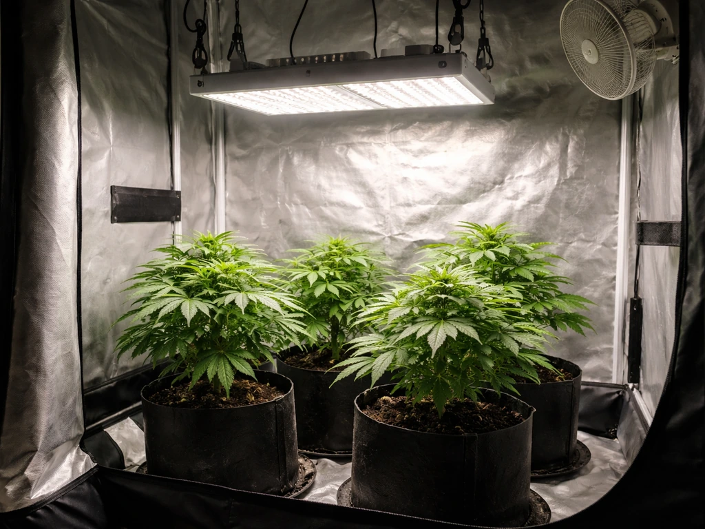 Small indoor grow tent with LED lights over healthy green cannabis plants, no people.