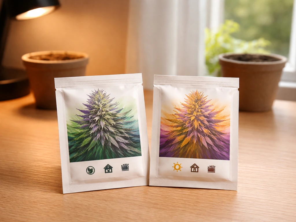 Close-up of two cannabis seed packets beside small indoor and outdoor seedling pots, under natural light.