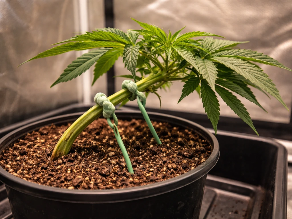 Cannabis plant in soft ties, main stem gently bent sideways for low-stress training