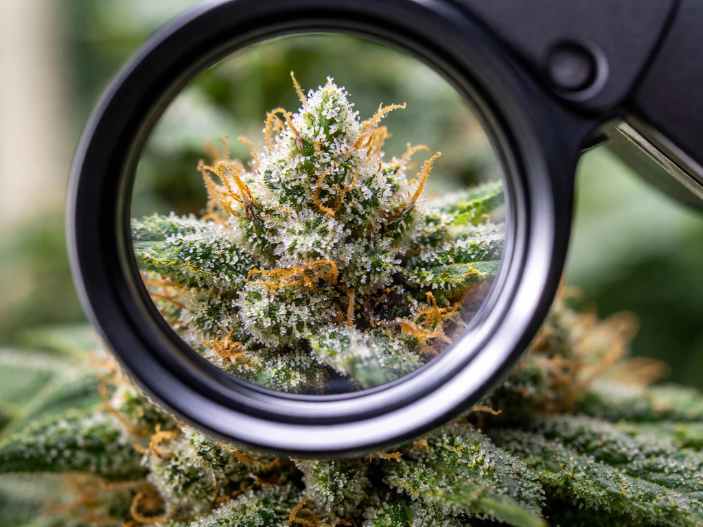 Macro view of trichomes on a cannabis bud under a jeweler’s loupe, sharply detailed.