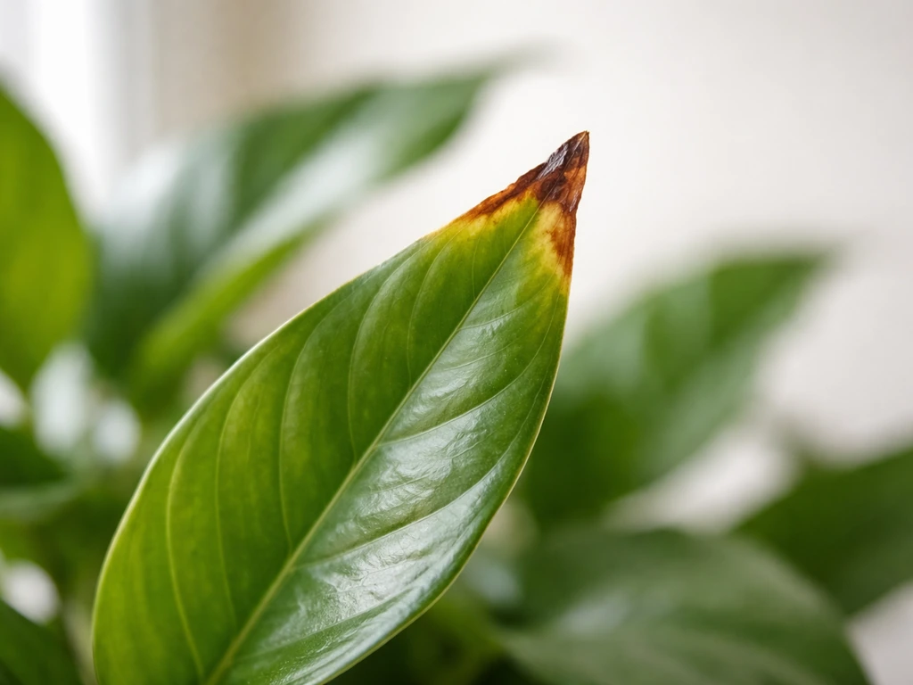 Close-up of houseplant leaves showing brown crispy tips from nutrient issues