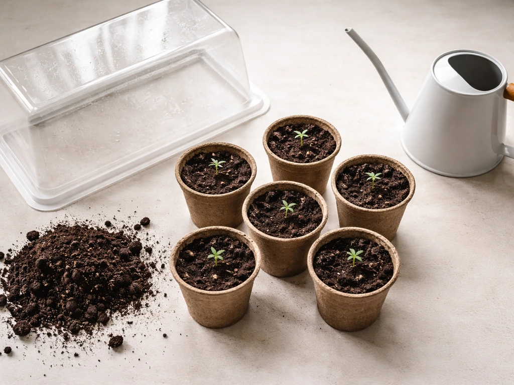 Overhead view of small pots, soil, and a watering can with cannabis seedlings germinating at home.