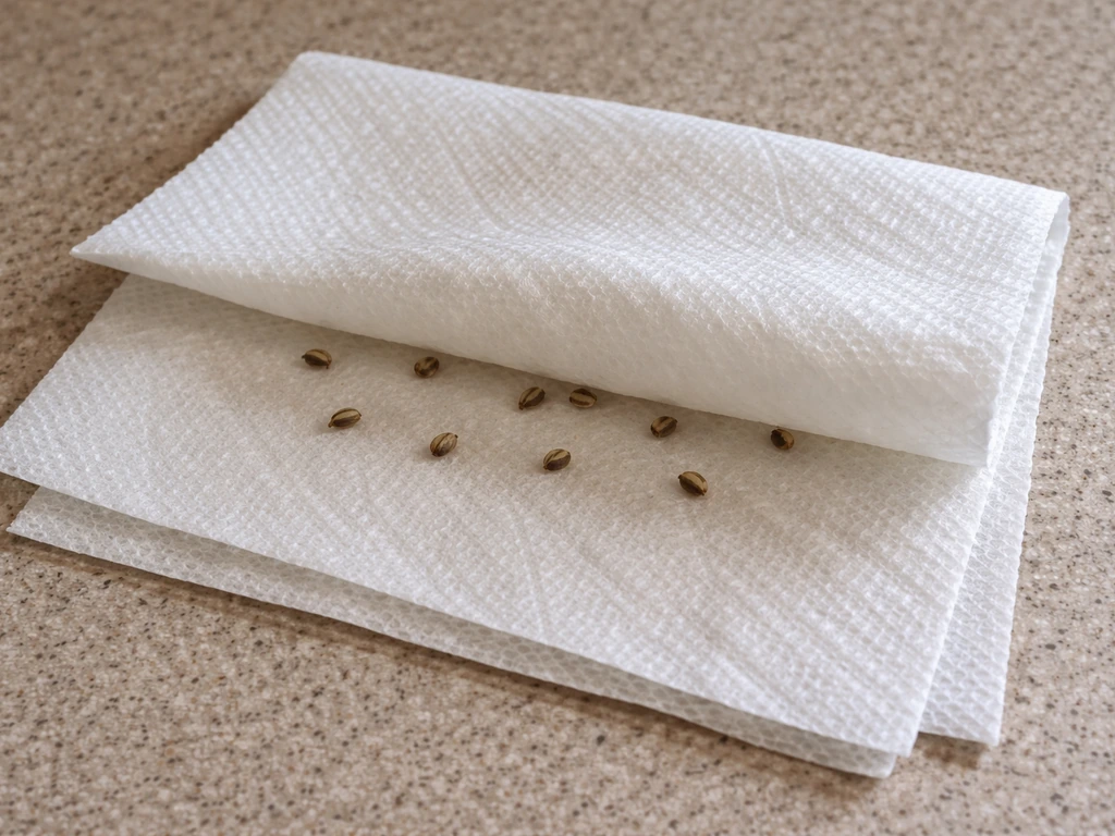 Two damp paper towels folded together on a countertop with cannabis seeds sandwiched between them.