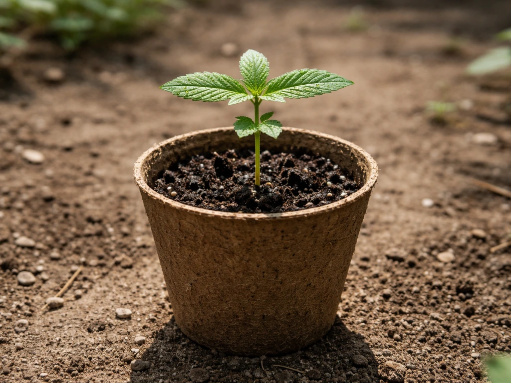 Cannabis seedling in a small pot on soil, sitting outdoors under direct natural sunlight