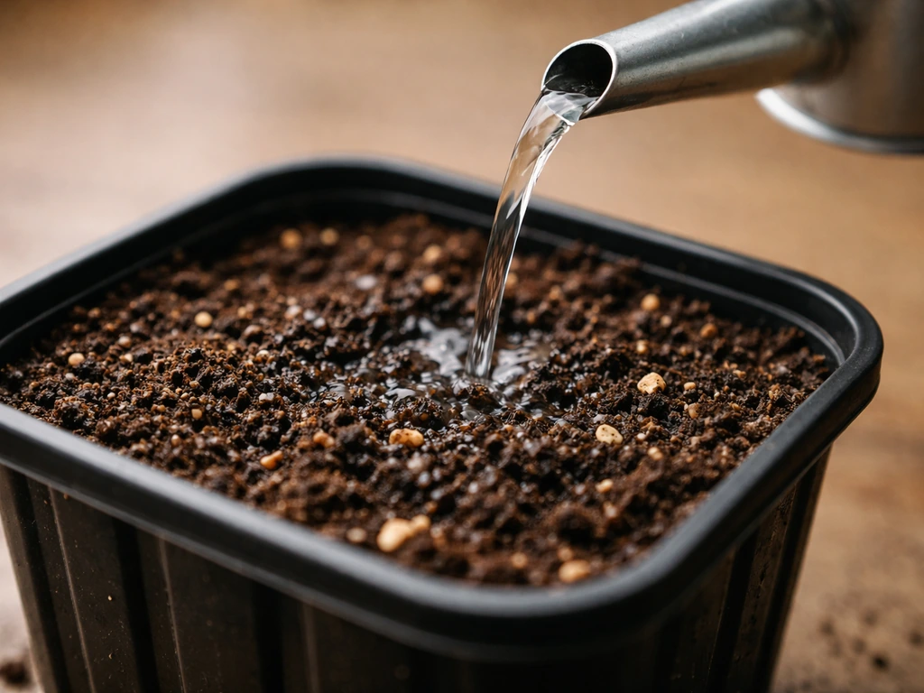 Close-up of potting soil in a container being gently watered with a small watering can