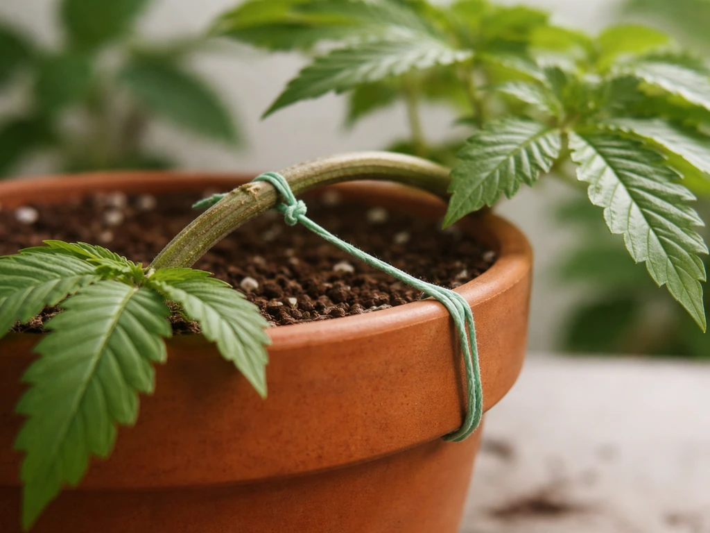 Close-up of a small plant branch gently bent and secured with a soft string for low-stress training
