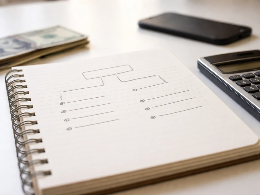 Close-up of a notebook with a simple framework for estimating net worth, with cash and a calculator nearby.