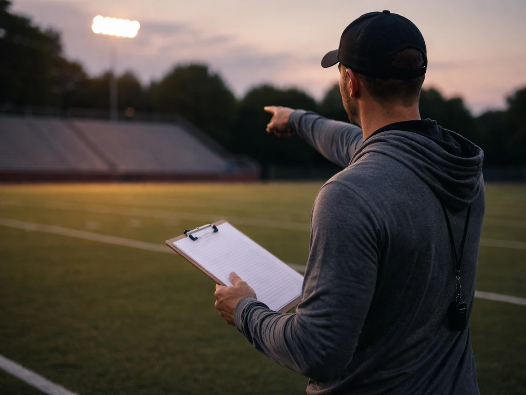 Minimal timeline-style scene with an anonymous coach clipboard transitioning from small-college field to NFL-like stadiu