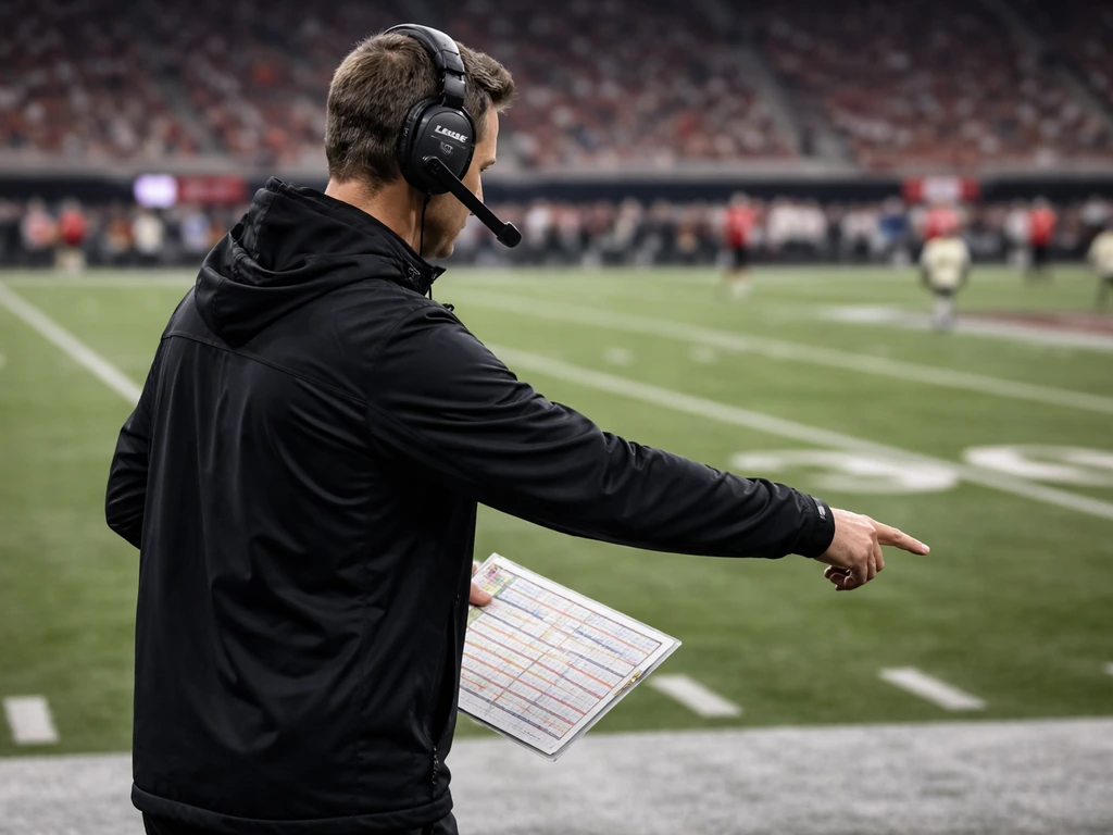 An anonymous football coach on the sideline holding a play sheet near the Atlanta Falcons training field
