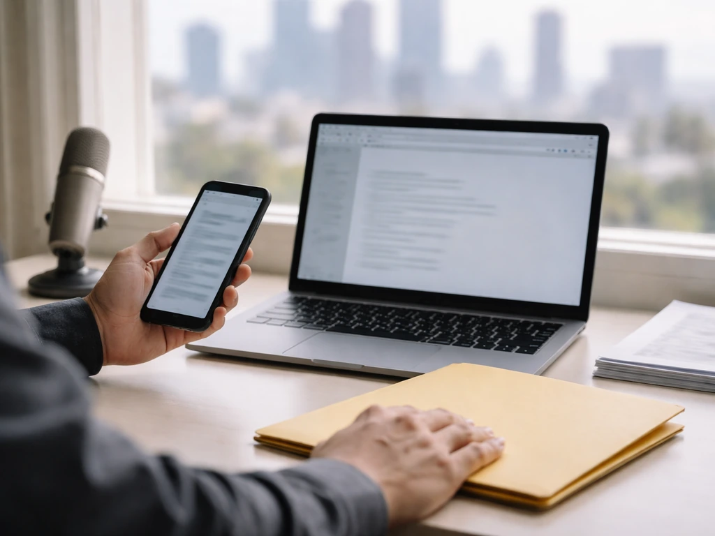 Anonymous analyst on a desk cross-checking sources with blurred phone and laptop, minimal office scene.