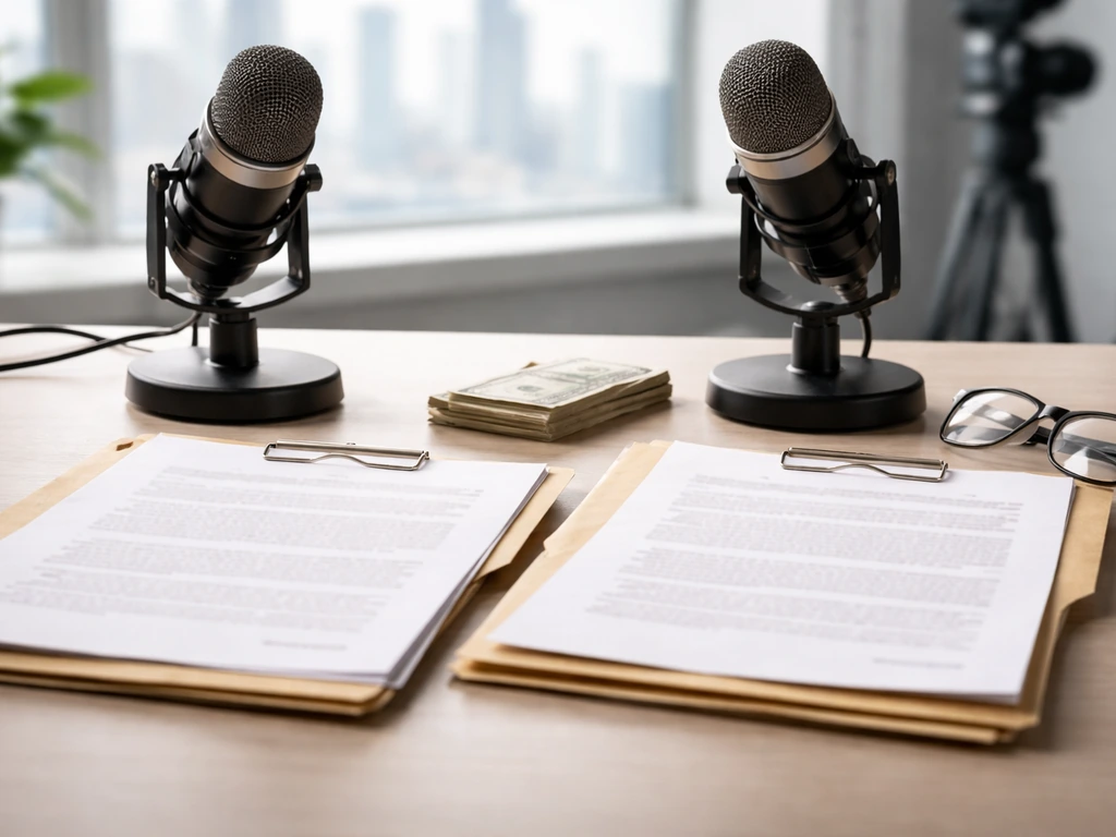 Minimal desk scene with blank documents, microphones, and money symbolizing net-worth source verification and name confu