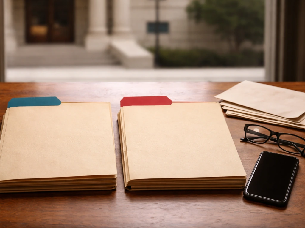 Minimal desk scene with two folders and blurred courthouse background symbolizing name confusion.