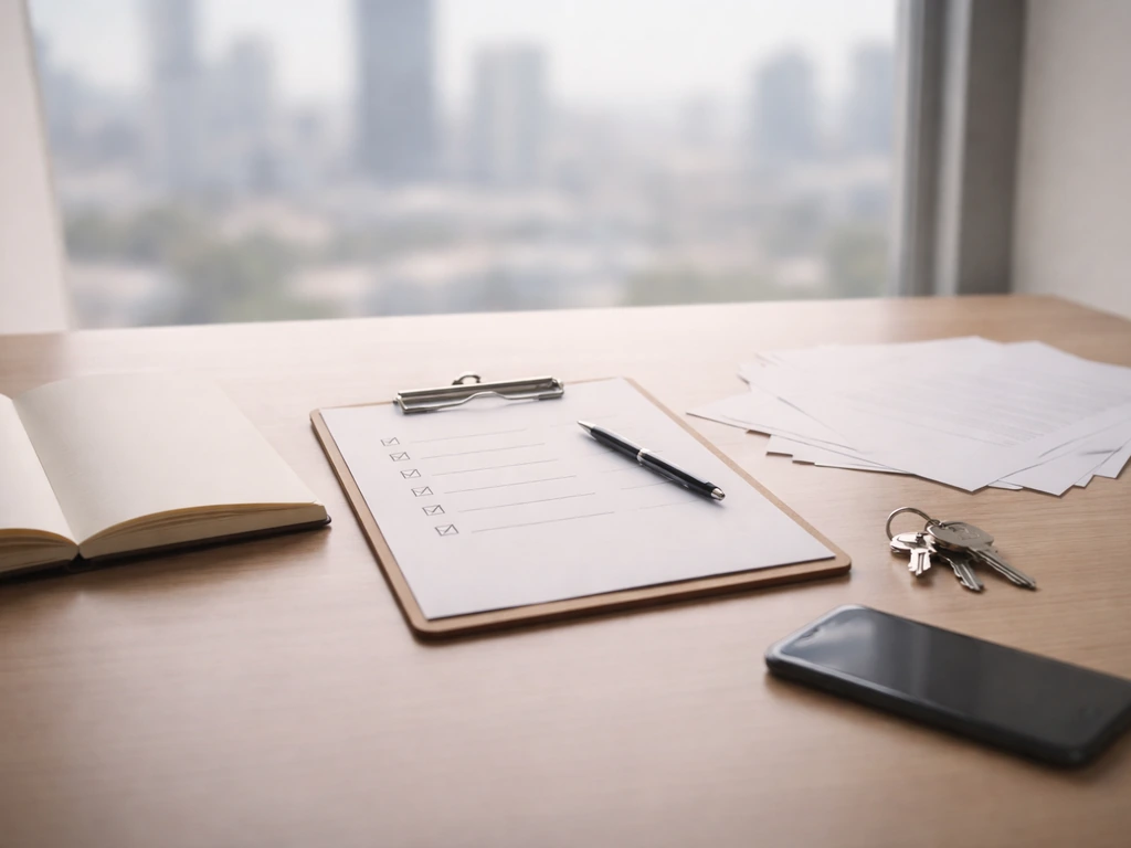 Minimal desk scene with a notebook, documents, keys, and a phone suggesting verifying income and assets.