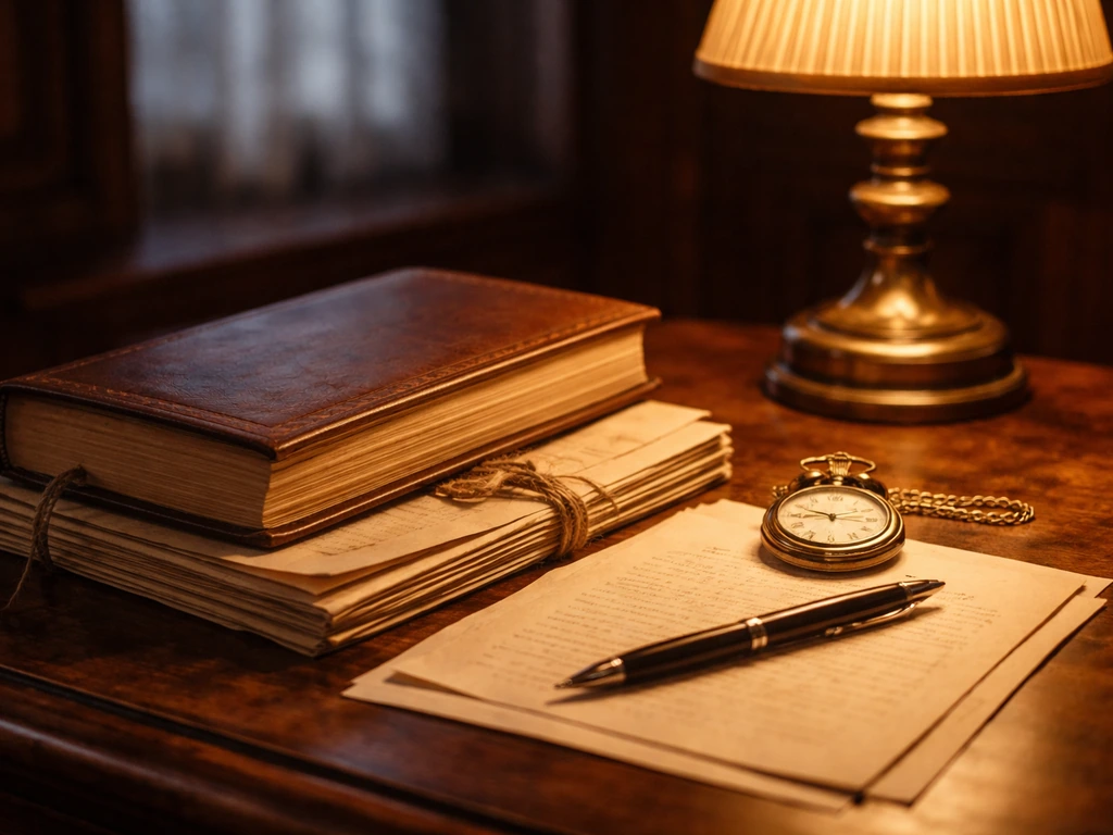 Antique papers and gold pocket watch on a vintage desk, symbolizing aristocratic wealth and old records