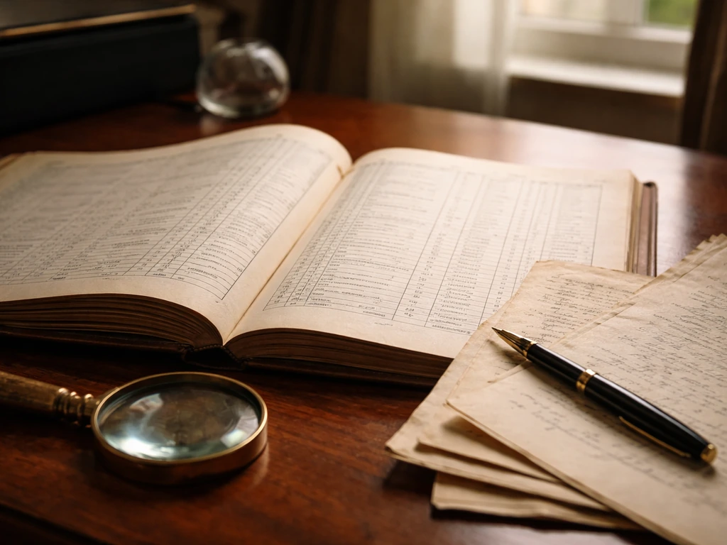 Close-up of archival probate and land record pages with a magnifying glass on a wooden desk.