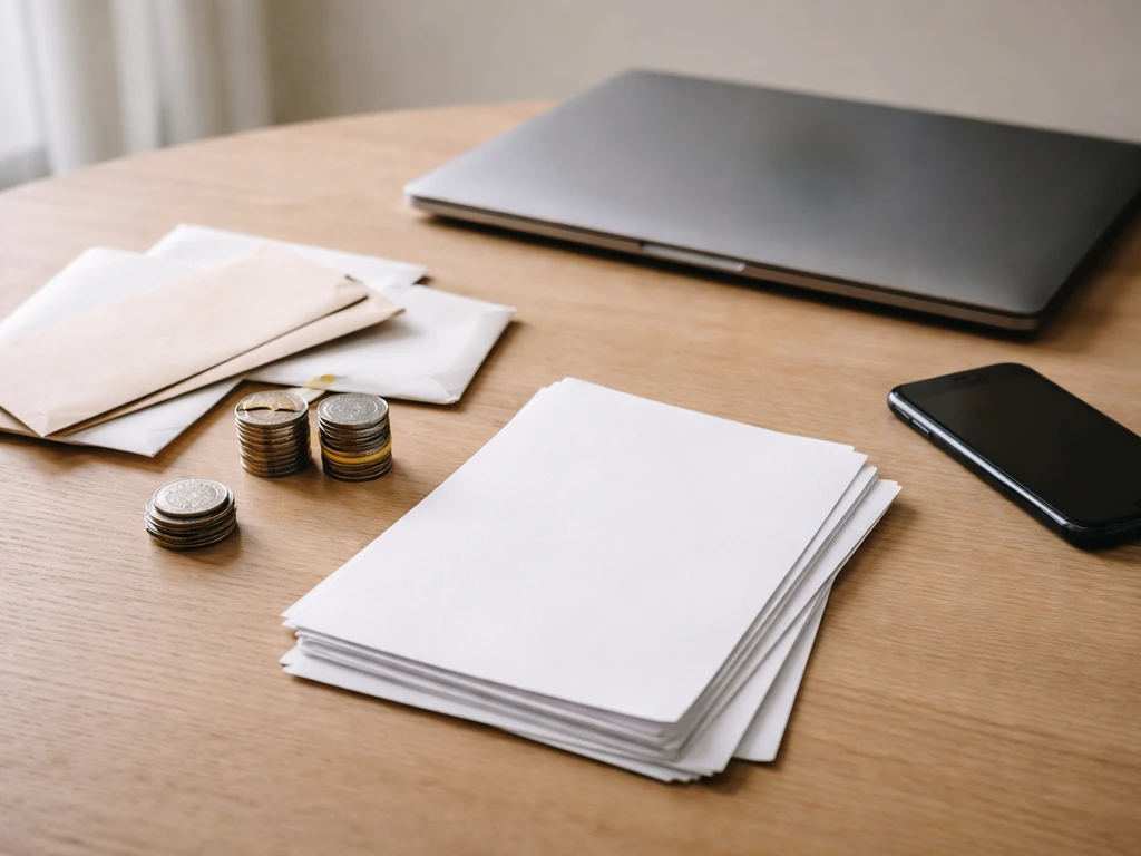 Minimal office scene with scattered envelopes and a laptop showing blurred search results, symbolizing conflicting estim