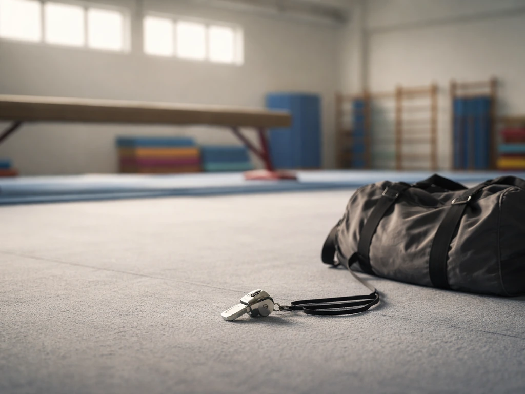 Gym training studio with a coaching whistle on the floor and a duffel bag near a balance beam, symbolic of income analys