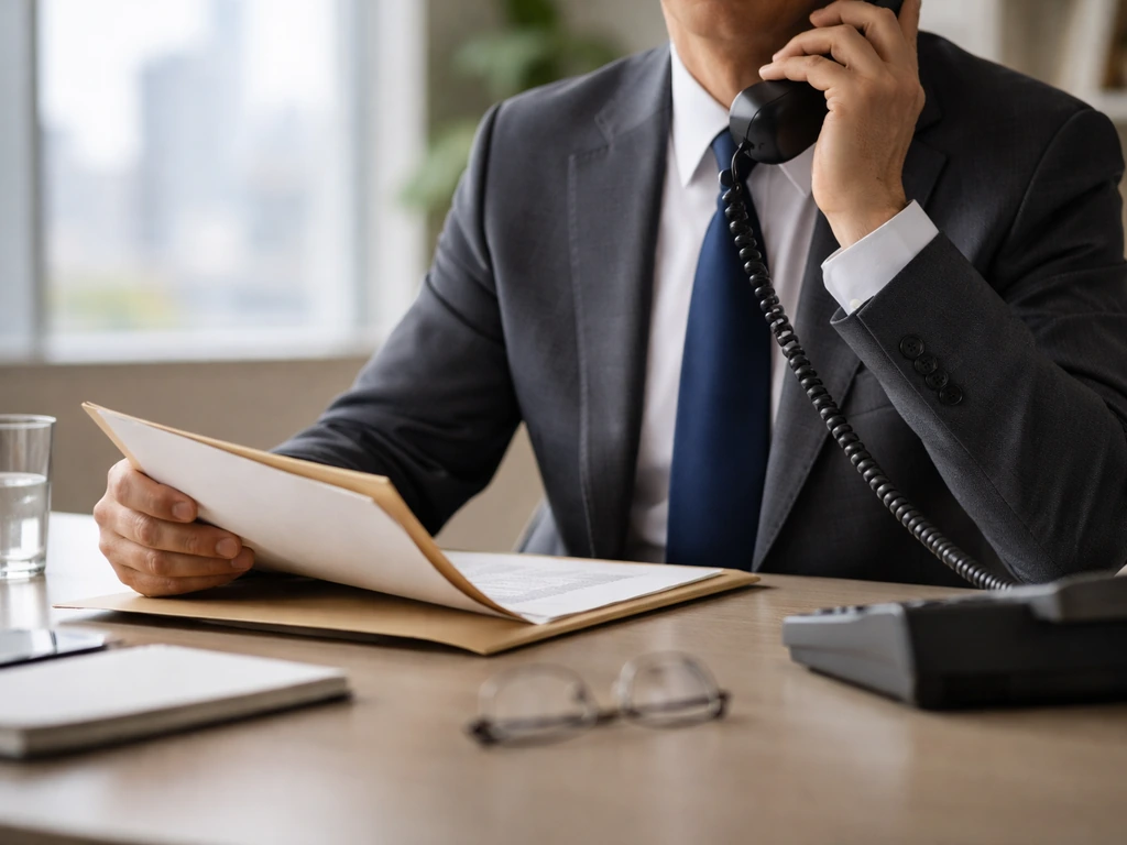 An anonymous corporate executive working at a Procter & Gamble–style office desk with papers and a phone