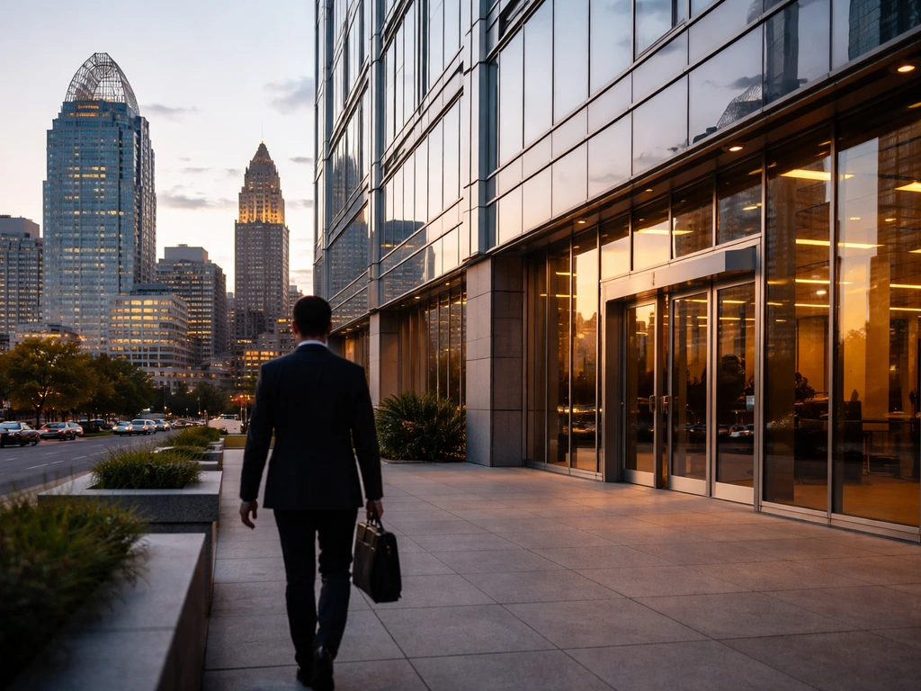 Street-level view of a Cincinnati corporate building at sunset with one anonymous person walking toward it.